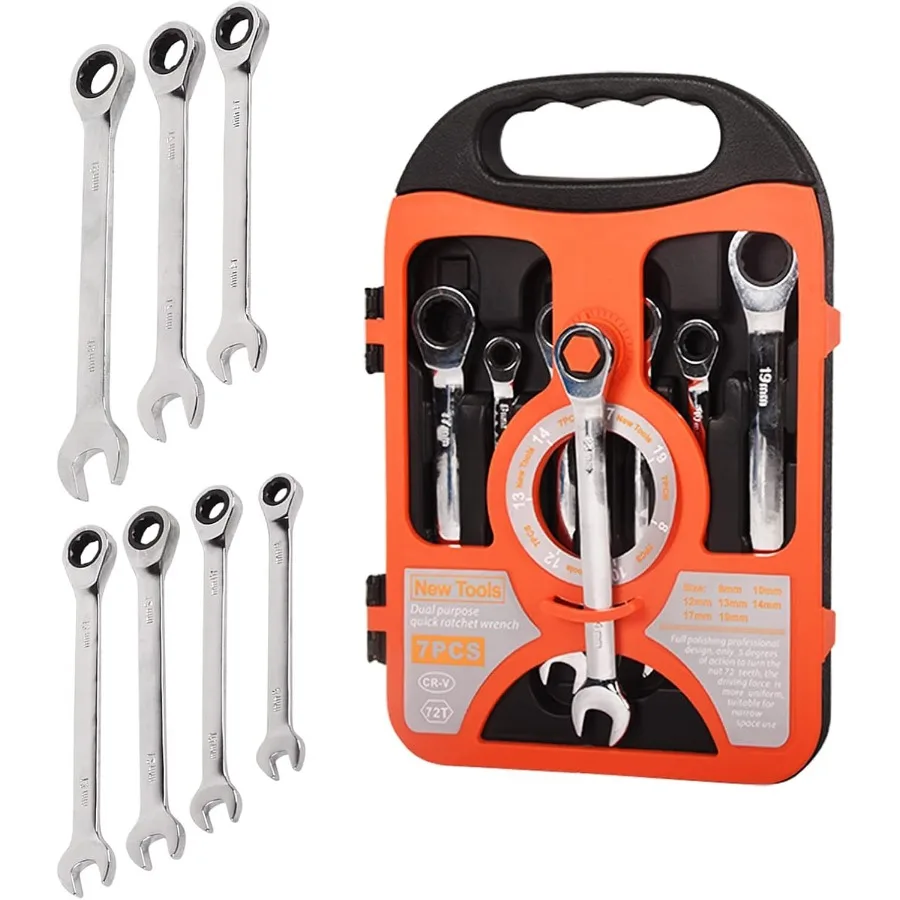 Ratchet Wrench Kit 7 Piece Set 8mm19mm Chrome Vanadium Steel Full Polished 72 Tooth Box and Open End Standard Garage Tool Set f
Ratchet Wrench Kit 7 Piece Set 8mm19mm Chrome Vanadium Steel Full Polished 72 Tooth Box and Open End Standard Garage Tool Set f