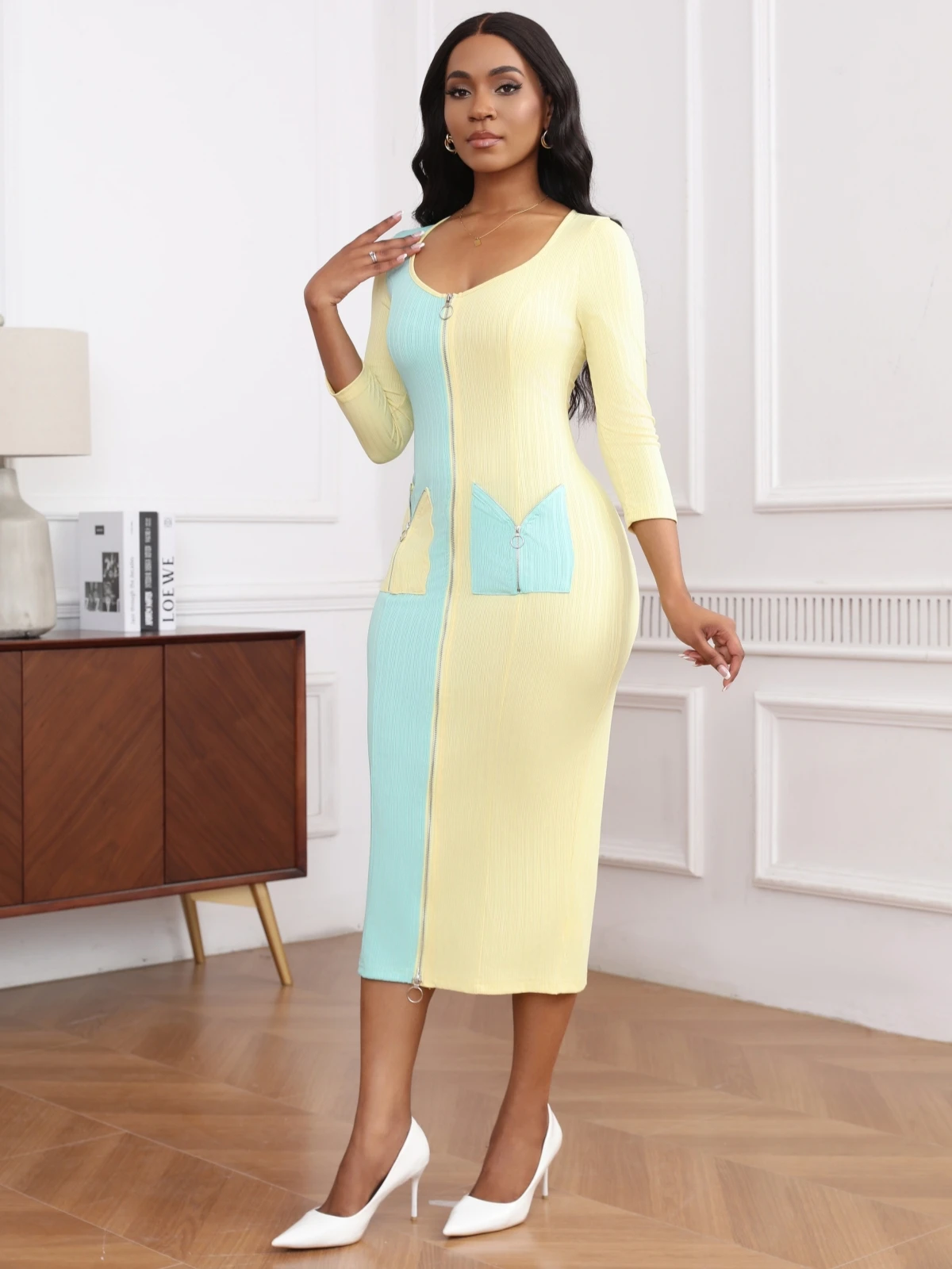 Color Block Stretchy Bodycon Dress 3/4 Sleeve Full Zipper Decor Pencil Midi Dress (Zipper Fully Openable)
Color Block Stretchy Bodycon Dress 3/4 Sleeve Full Zipper Decor Pencil Midi Dress (Zipper Fully Openable)