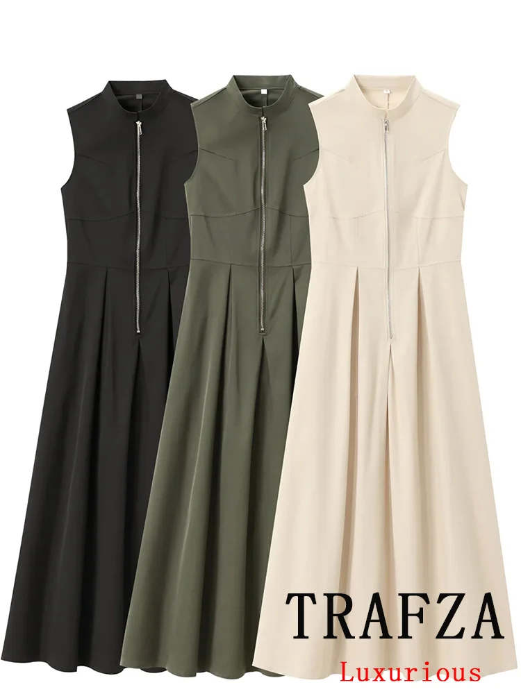 TRAFZA Vintage Chic Women Dress Solid O-Neck Sleeveless Zipper Folds Long Dress New Fashion 2025 Spring Summer Holiday Dress
TRAFZA Vintage Chic Women Dress Solid O-Neck Sleeveless Zipper Folds Long Dress New Fashion 2025 Spring Summer Holiday Dress