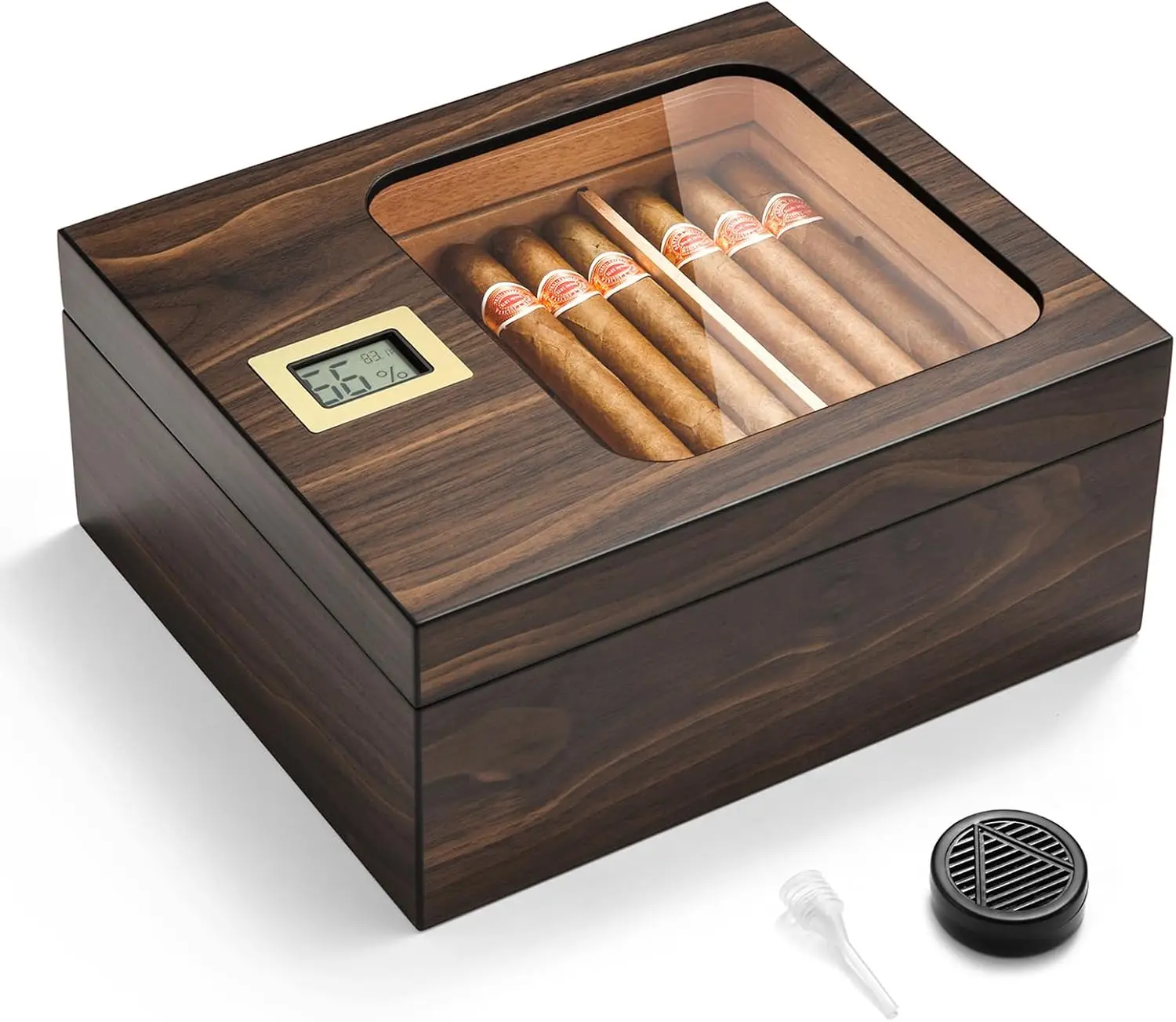 Modern Glass Top Cigar Humidor for 25-50 Cigars with Digital Hygrometer, Humidifier, and Cedar Tray
Modern Glass Top Cigar Humidor for 25-50 Cigars with Digital Hygrometer, Humidifier, and Cedar Tray
