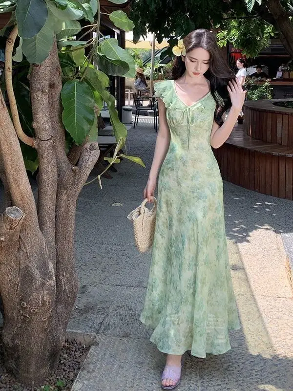 Beach Vacation Green Floral Print Dress Knot High Waist A-Line Skirt Sleeveless V-Neck Mid-Length Korean Style
Beach Vacation Green Floral Print Dress Knot High Waist A-Line Skirt Sleeveless V-Neck Mid-Length Korean Style