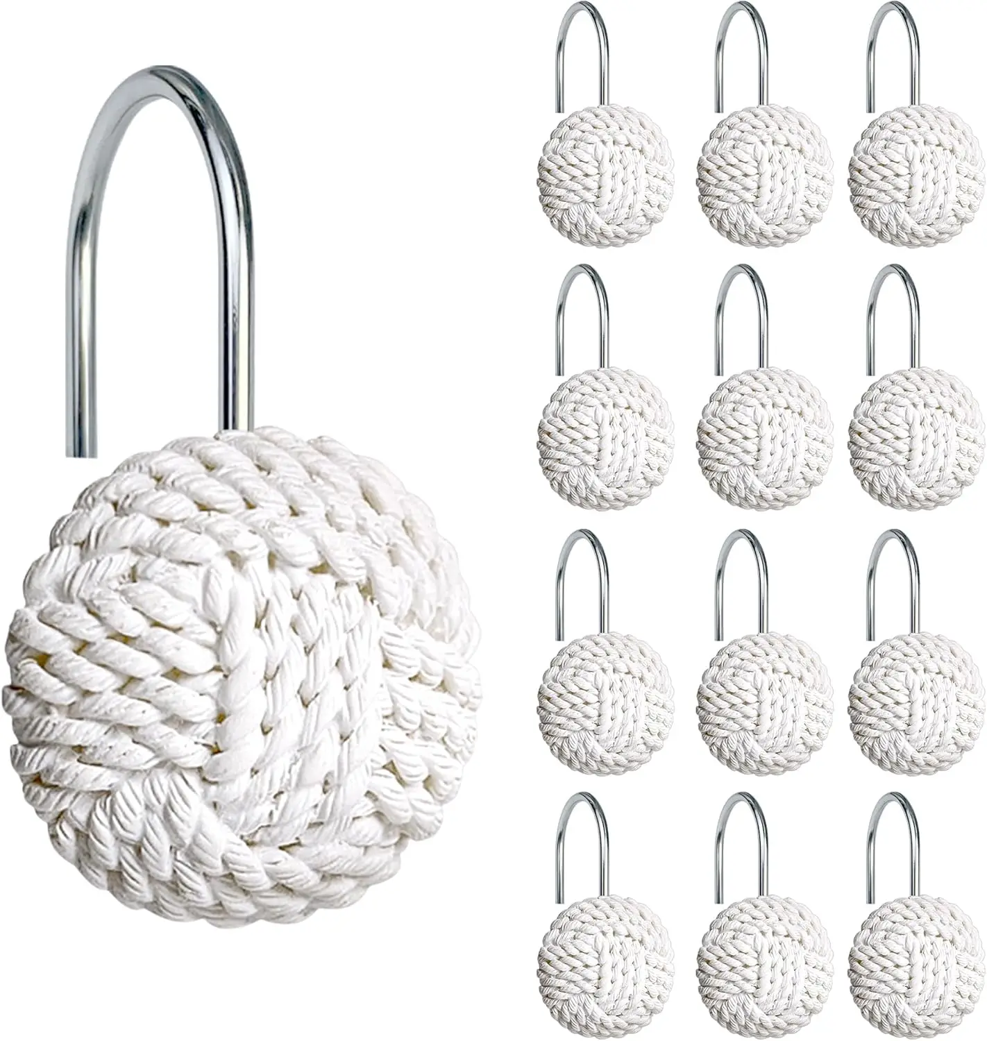 White Knot Shower Curtain Hooks, 12-Pack Boho Bathroom Rings, Seaside Nautical Hangers for Home Decor
White Knot Shower Curtain Hooks, 12-Pack Boho Bathroom Rings, Seaside Nautical Hangers for Home Decor