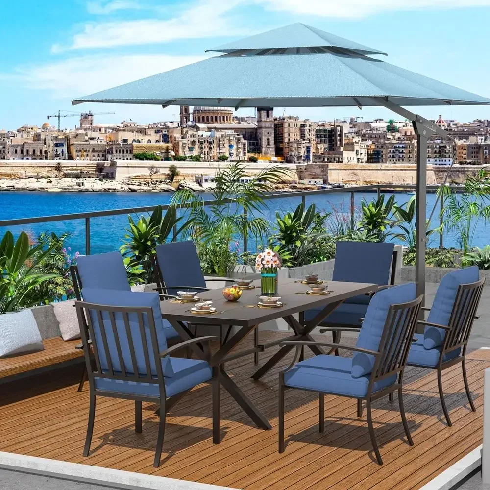 7-Piece Outdoor Patio Dining Set with Umbrella Hole, Navy Blue Metal Furniture for Garden or Backyard
7-Piece Outdoor Patio Dining Set with Umbrella Hole, Navy Blue Metal Furniture for Garden or Backyard