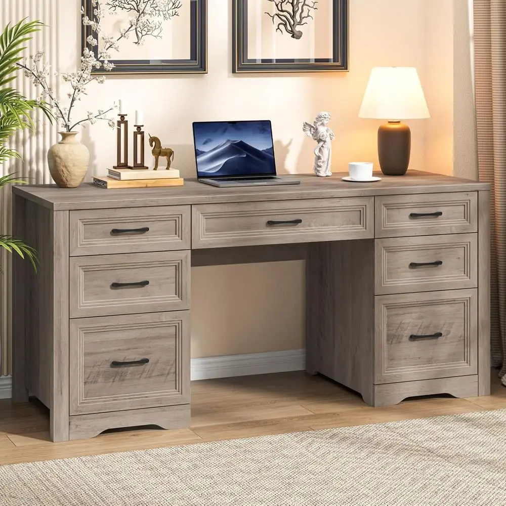 Rustic Grey Wood Home Office Desk with 2 Drawers and 5 Cabinets for Study and Work
Rustic Grey Wood Home Office Desk with 2 Drawers and 5 Cabinets for Study and Work