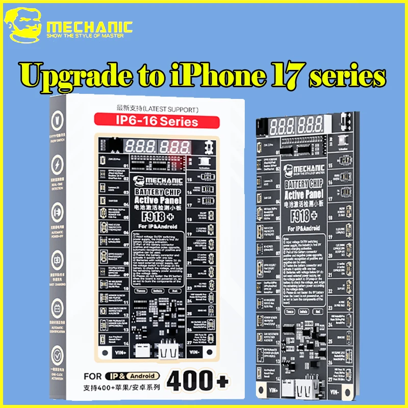 MECHANIC F918+ Battery Tester for iPhone 16 and 400+ Android Phones LED Display with 18+9 Pogo Pins 5V 9V Stable Voltage Output
MECHANIC F918+ Battery Tester for iPhone 16 and 400+ Android Phones LED Display with 18+9 Pogo Pins 5V 9V Stable Voltage Output