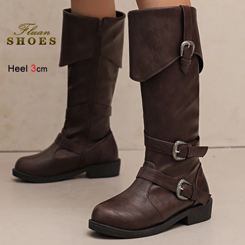 Autumn Winter Dark Brown Women's Knight Boots Round Toe Knee High Boots Thick Sole Low Heels 3cm Side Zipper Belt Buckles Boots
Autumn Winter Dark Brown Women's Knight Boots Round Toe Knee High Boots Thick Sole Low Heels 3cm Side Zipper Belt Buckles Boots