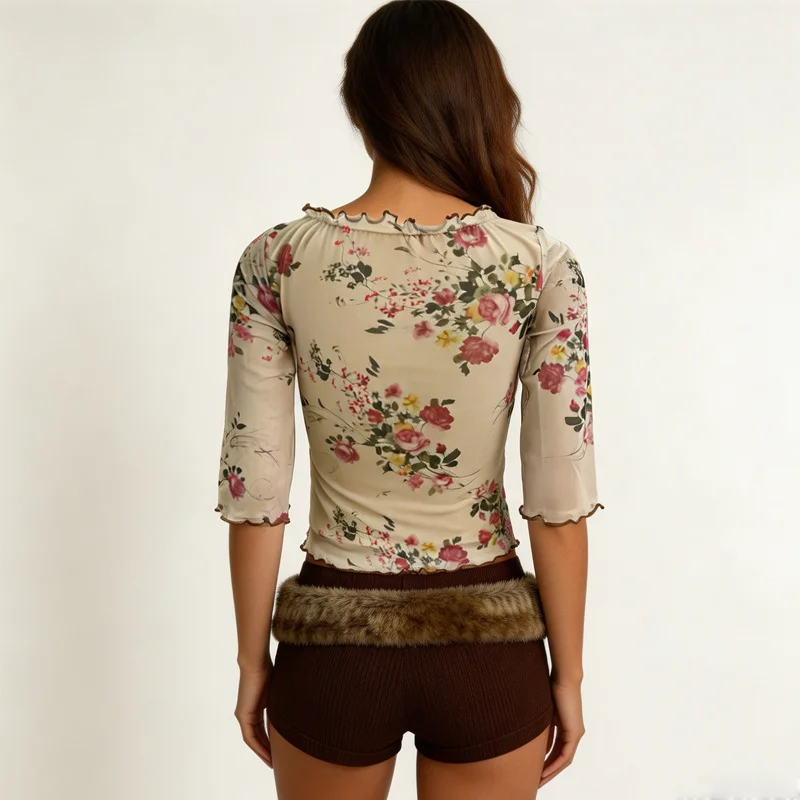 Summer gentle floral print mesh slim fit top for women, beige square neck slim fit French retro niche half sleeved casual top
Summer gentle floral print mesh slim fit top for women, beige square neck slim fit French retro niche half sleeved casual top