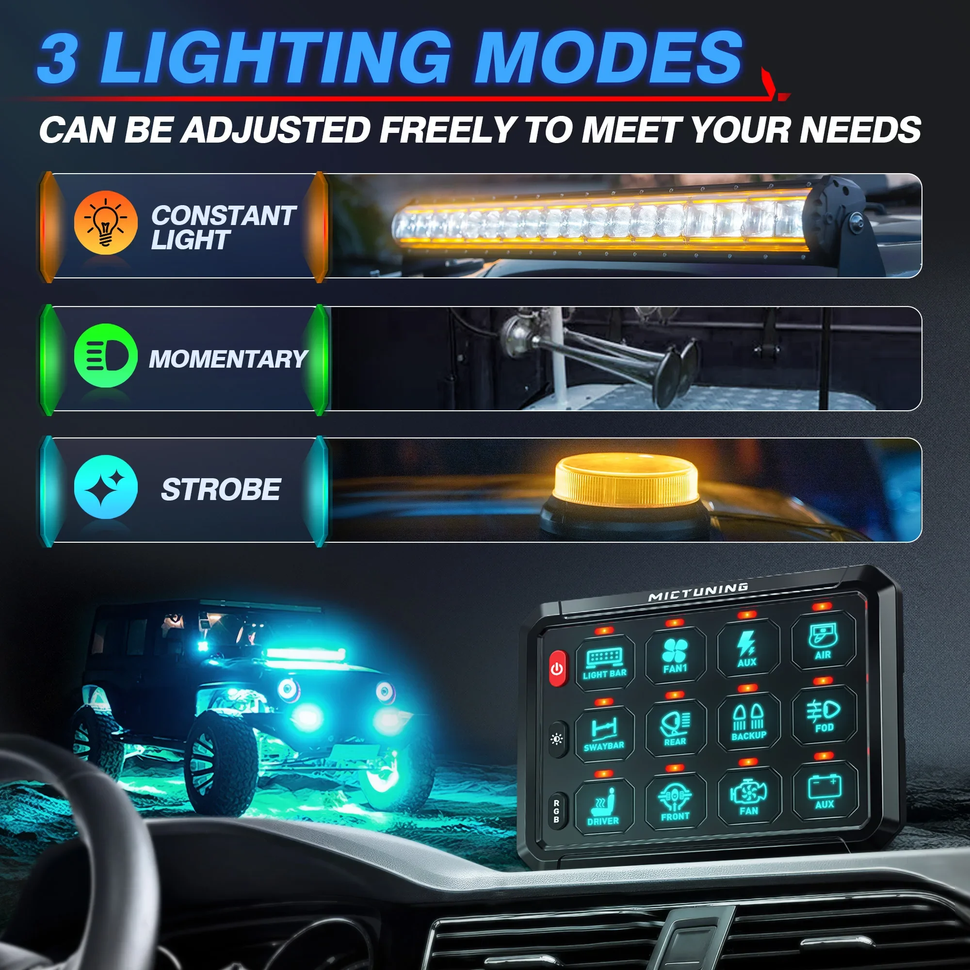 MICTUNING P1S 12 Gang Swicth Panel RGB Color Adjustment Control Relay Box On/Off Switch Button For Car Accessories Jeep RV
MICTUNING P1S 12 Gang Swicth Panel RGB Color Adjustment Control Relay Box On/Off Switch Button For Car Accessories Jeep RV