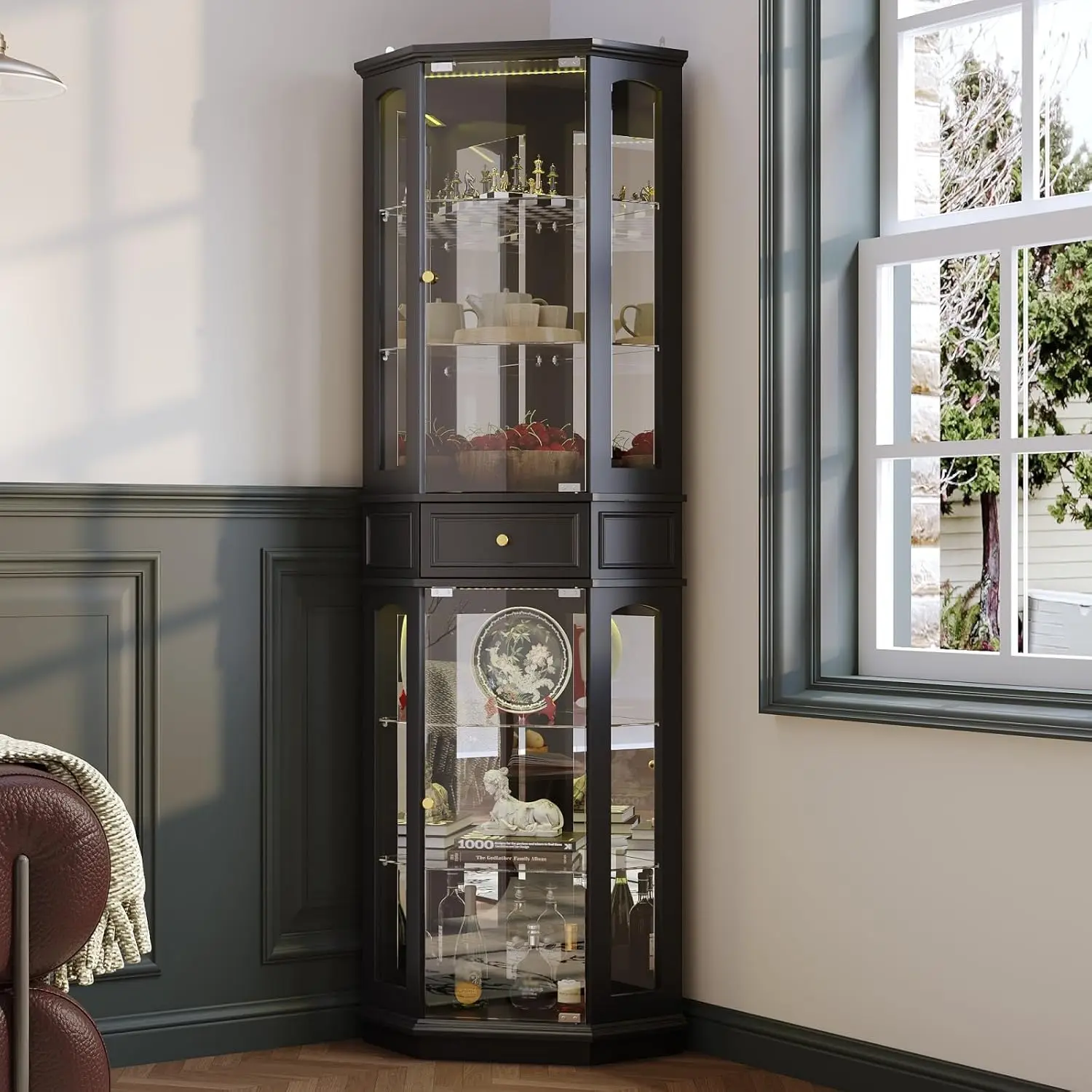 77"H Corner Wine Bar Cabinet Light Mirror Glass Door 3-Sided Display Shelves Drawer Home Bar 18.1"x18.9"x77.5", Custom
77"H Corner Wine Bar Cabinet Light Mirror Glass Door 3-Sided Display Shelves Drawer Home Bar 18.1"x18.9"x77.5", Custom