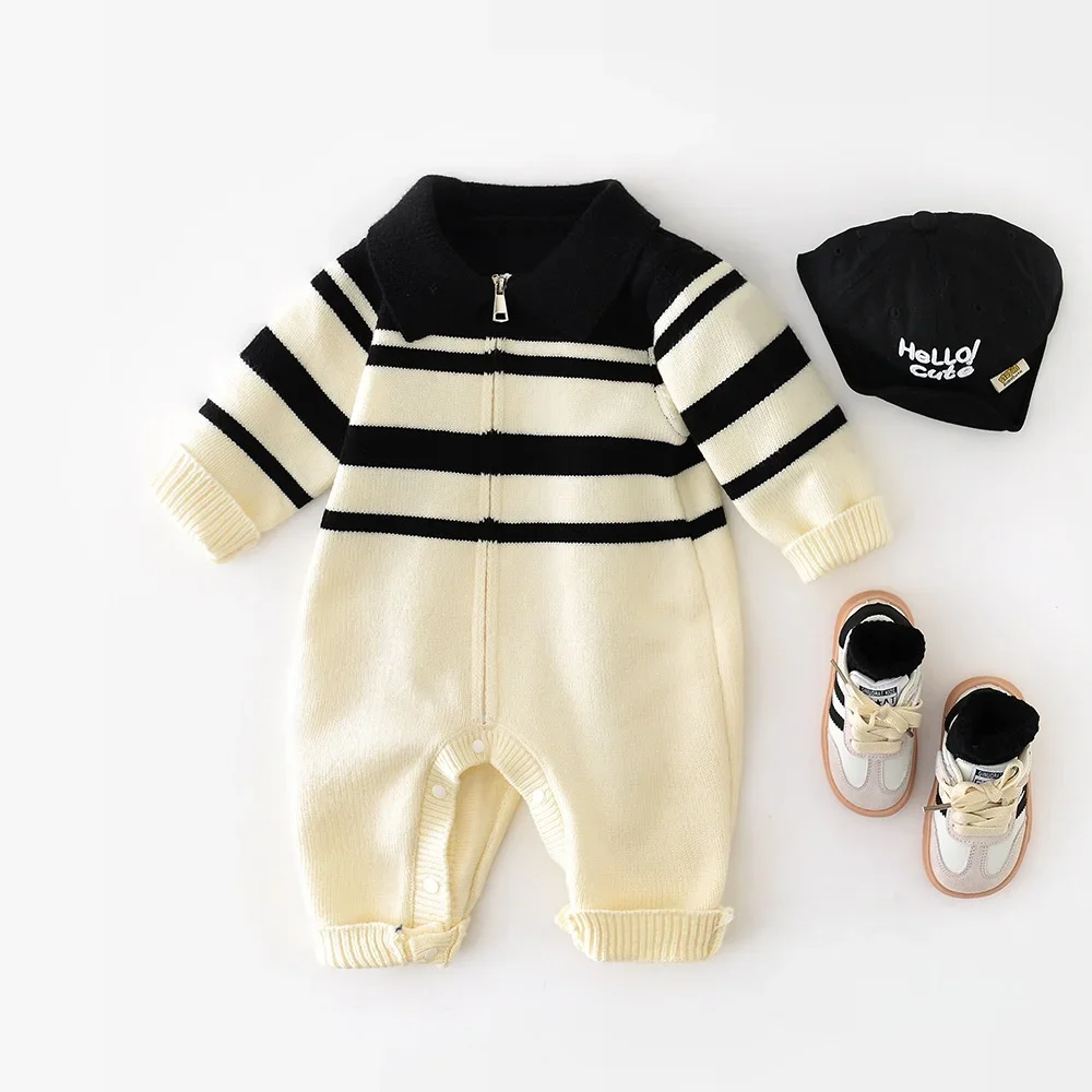 Autumn New Baby Boy Knit Romper Vintage Nautical Stripe Zip Collar Beige Black 0-24M Baby Boys Jumpsuit
Autumn New Baby Boy Knit Romper Vintage Nautical Stripe Zip Collar Beige Black 0-24M Baby Boys Jumpsuit
