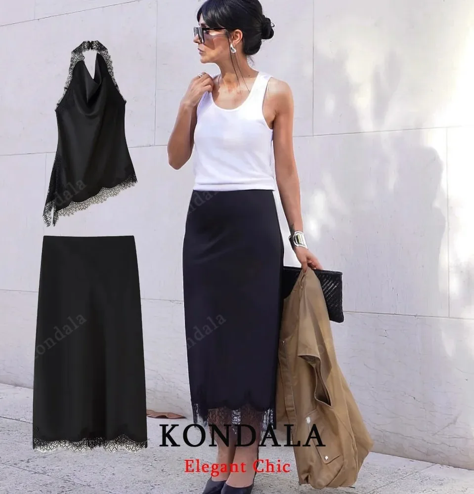KONDALA Fall Lady Elegant Satin Skirts Set Black Lace Halter Tops, Lace Hem Slim Skirt 2025 Summer Fashion High Street Women Set
KONDALA Fall Lady Elegant Satin Skirts Set Black Lace Halter Tops, Lace Hem Slim Skirt 2025 Summer Fashion High Street Women Set