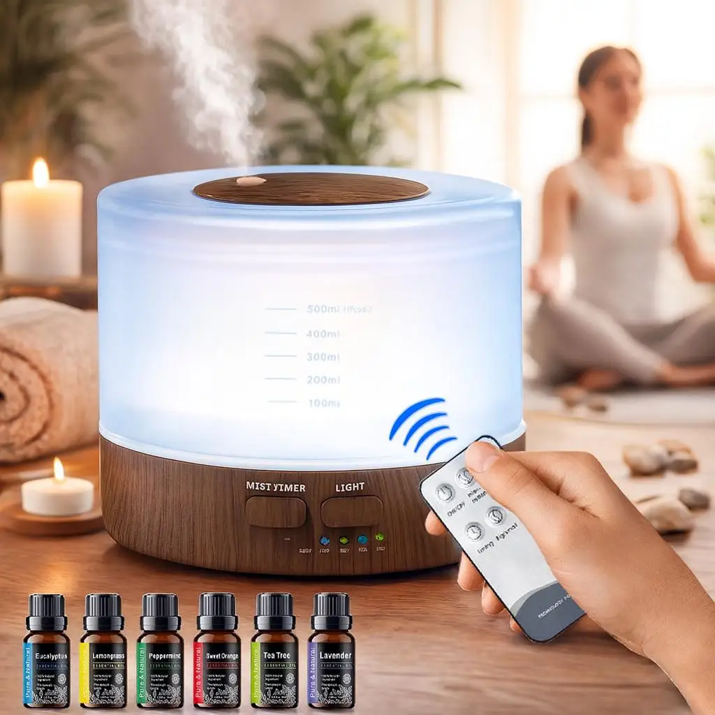 Stylish Wood Grain Diffuser Set - 500ml Cool Mist Humidifier with Remote, 7 LED Colors & 6 Essential Oils for Home/Office
Stylish Wood Grain Diffuser Set - 500ml Cool Mist Humidifier with Remote, 7 LED Colors & 6 Essential Oils for Home/Office