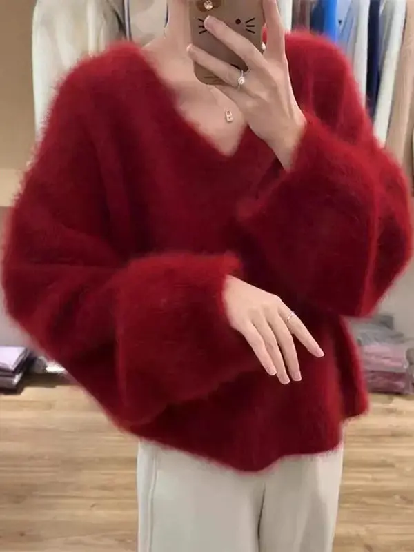 Red V-Neck Faux Mink Sweater Women's Autumn Winter Lazy Style Base Layer Knitted Shirt Atmosphere Top New Year's Fashion
Red V-Neck Faux Mink Sweater Women's Autumn Winter Lazy Style Base Layer Knitted Shirt Atmosphere Top New Year's Fashion
