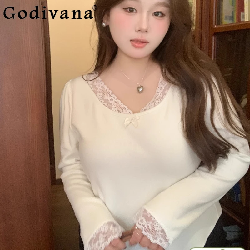 L-4XL Large Size Lace Splicing Women Low-Neck Cute Bow Top Spring Autumn White Long Sleeve Loose Comfortable Knitted Sweater
L-4XL Large Size Lace Splicing Women Low-Neck Cute Bow Top Spring Autumn White Long Sleeve Loose Comfortable Knitted Sweater
