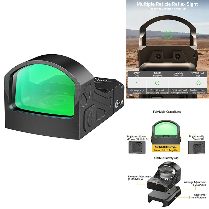CVLIFE 4-Reticle Green Dot Sight 32 MOA Circle & 3 MOA Dot Open Reflex Sight Optics for lwith Adapter for MOS & 21MM Picatinny
CVLIFE 4-Reticle Green Dot Sight 32 MOA Circle & 3 MOA Dot Open Reflex Sight Optics for lwith Adapter for MOS & 21MM Picatinny