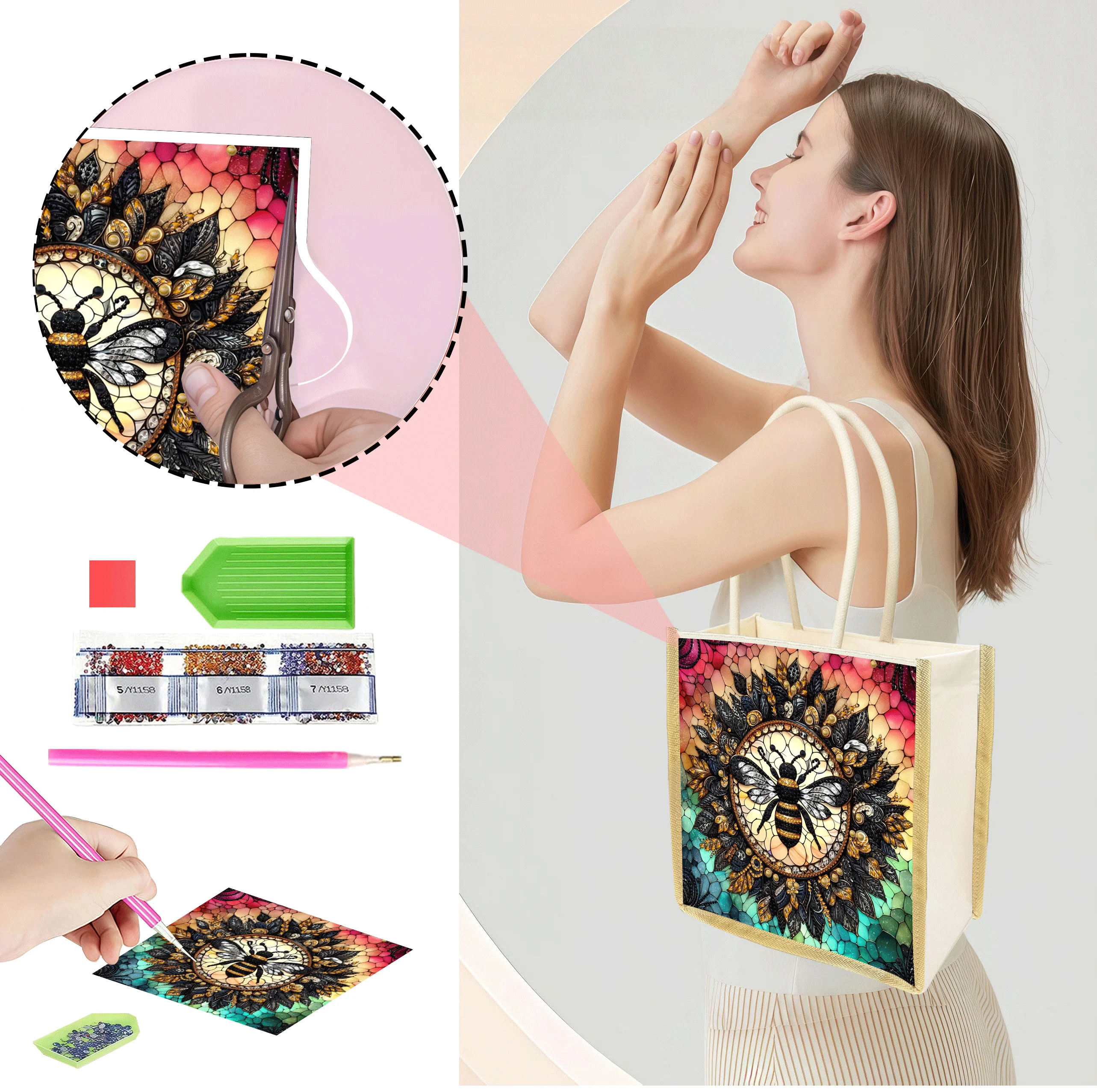 1 Piece of Diamond Painted Shopping bag, bee Pattern, Canvas Material, Interchangeable Pattern, daily Commuting use
1 Piece of Diamond Painted Shopping bag, bee Pattern, Canvas Material, Interchangeable Pattern, daily Commuting use