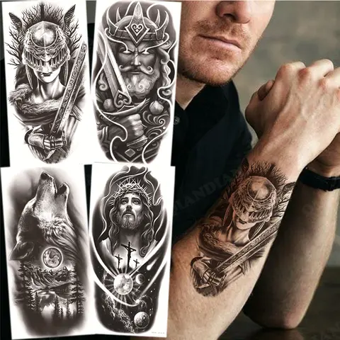 Waterproof Temporary Tattoo Sticker Man Half Arm Zeus Lion Warrior Art Hipster Crown Forest Black Transfer Flash Cool Fake Totem