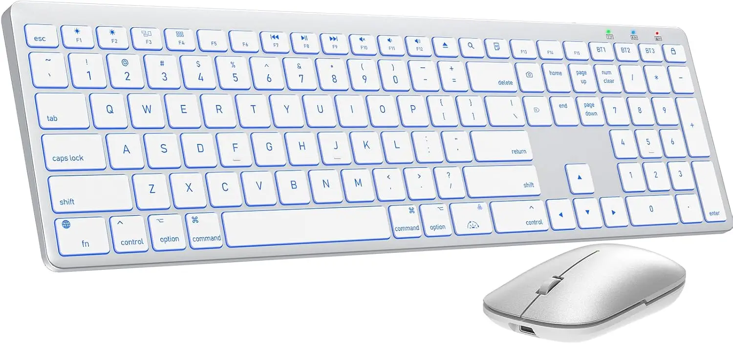 Беспроводной комплект клавиатуры и мыши с 7-цветной подсветкой для Mac, перезаряжаемый, для нескольких устройств, с бесшумными клавишами и регулируемыми ножками
Беспроводной комплект клавиатуры и мыши с 7-цветной подсветкой для Mac, перезаряжаемый, для нескольких устройств, с бесшумными клавишами и регулируемыми ножками