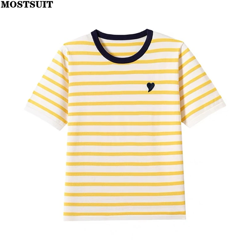 Summer Women's Knitted T-shirt Sweater Love Embroidery Striped Loose Fashion Casual Tees Tops Short Sleeve Korean Ladies Jumpers
Summer Women's Knitted T-shirt Sweater Love Embroidery Striped Loose Fashion Casual Tees Tops Short Sleeve Korean Ladies Jumpers