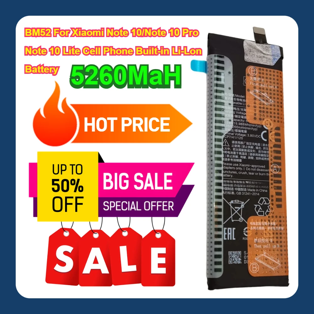 5260MaH BM52 For Xiaomi Note 10/Note 10 Pro/Note 10 Lite Cell Phone Built-in Li-Lon Battery
5260MaH BM52 For Xiaomi Note 10/Note 10 Pro/Note 10 Lite Cell Phone Built-in Li-Lon Battery