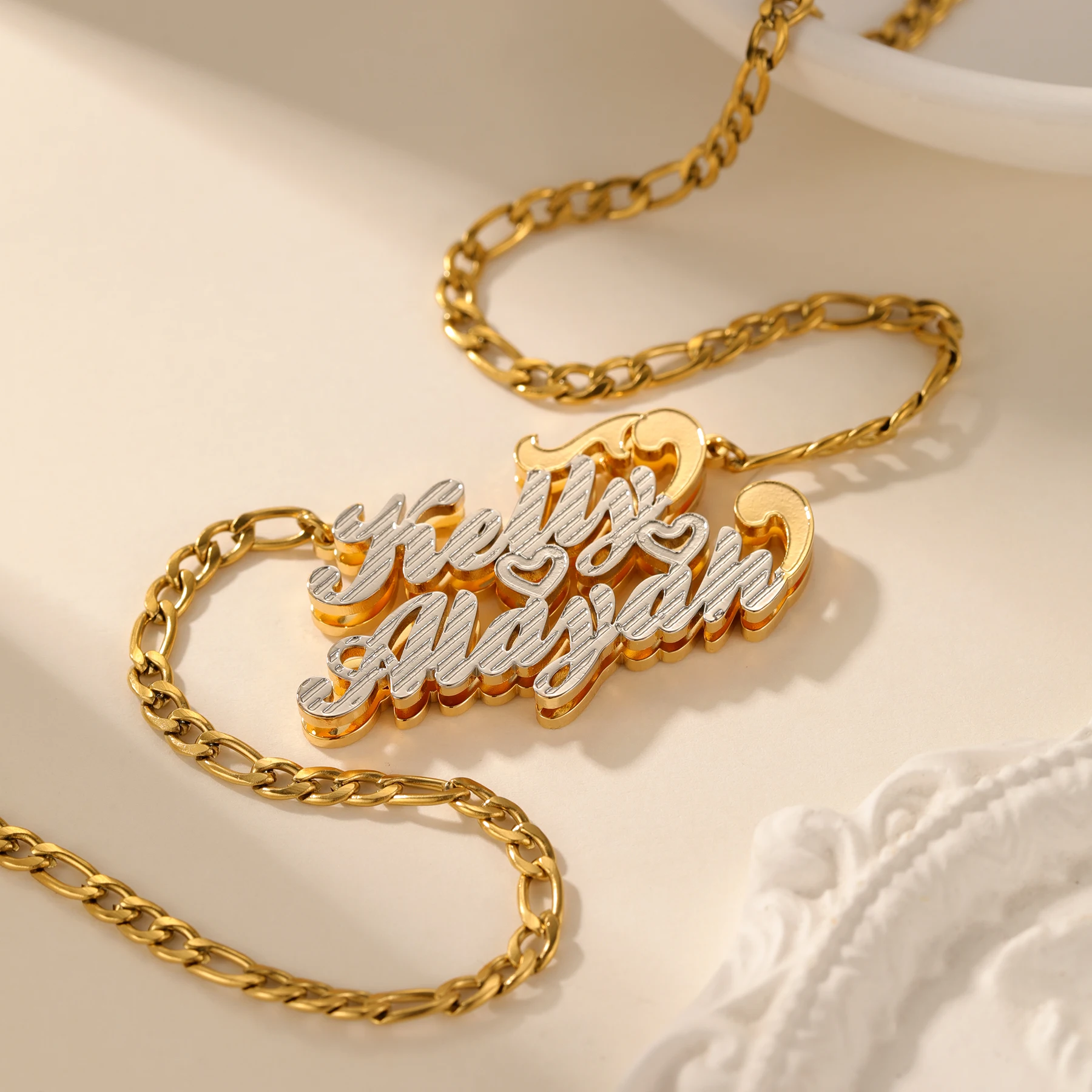 Qitian Custom 3d Double Nameplate Name Necklace 18k Plated Two Tone Name Pendant Personalized Stainless Steel Jewelry Best Gift
Qitian Custom 3d Double Nameplate Name Necklace 18k Plated Two Tone Name Pendant Personalized Stainless Steel Jewelry Best Gift