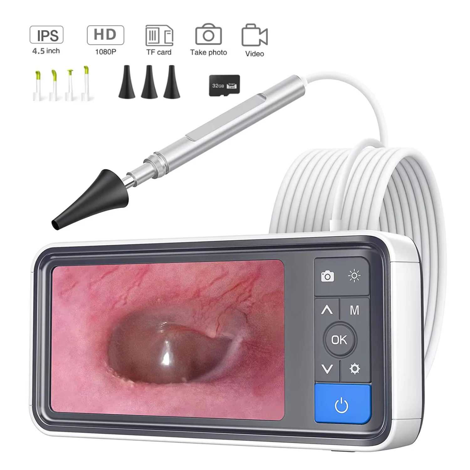3.9mm 4.5 Inch IPS Color Screen Smart Digital Video Otoscope 1.0MP 1080P HD Lens with Ear Inspection Camera 6 LED IP67 Endoscope
3.9mm 4.5 Inch IPS Color Screen Smart Digital Video Otoscope 1.0MP 1080P HD Lens with Ear Inspection Camera 6 LED IP67 Endoscope