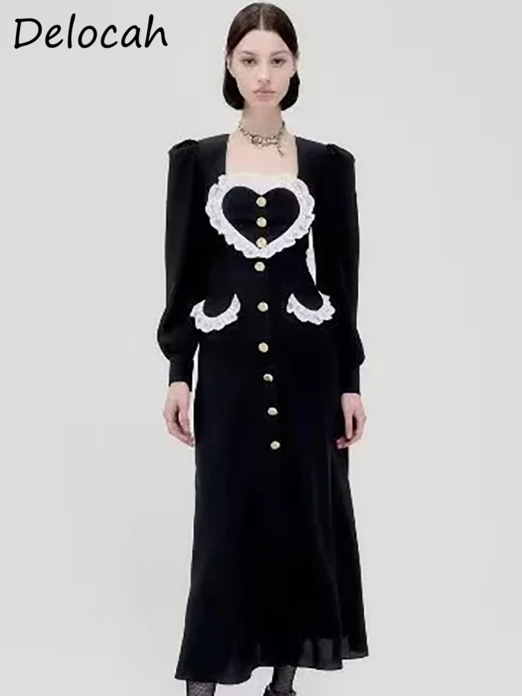 Delocah High Quality Early Spring Women Fashion Designer Long Dress Lantern Sleeve Lace Trim Hem Black Patchwork A-Line Dresses
Delocah High Quality Early Spring Women Fashion Designer Long Dress Lantern Sleeve Lace Trim Hem Black Patchwork A-Line Dresses