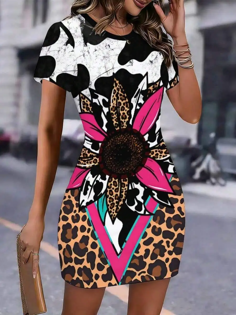 Womens Printed Short Sleeve Bodycon Dress With Sunflower And Leopard Pattern
Womens Printed Short Sleeve Bodycon Dress With Sunflower And Leopard Pattern