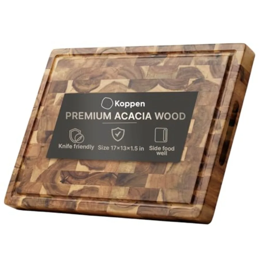 Koppen Acacia Wood End Grain Cutting Board, Knife-Friendly Butcher Block with Juice Groove, Inner Handles and Food Well, Revers
Koppen Acacia Wood End Grain Cutting Board, Knife-Friendly Butcher Block with Juice Groove, Inner Handles and Food Well, Revers