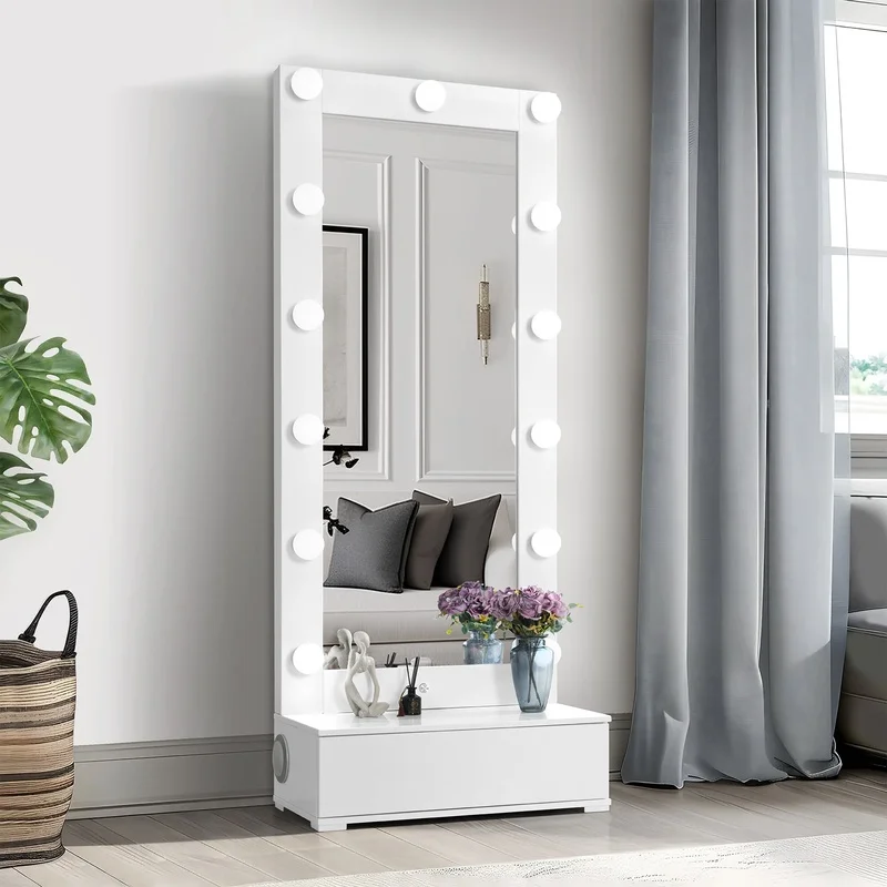 White Narrow Tall Mirror with Speaker and Drawer
White Narrow Tall Mirror with Speaker and Drawer