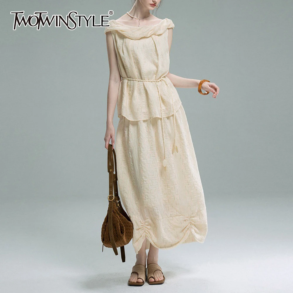 TWOTWINSTYLE Casual Loose Two Piece Sets for Women Slash Neck Off Shoulder Spliced Lace Up Top High Waist Skirt Set Female New
TWOTWINSTYLE Casual Loose Two Piece Sets for Women Slash Neck Off Shoulder Spliced Lace Up Top High Waist Skirt Set Female New