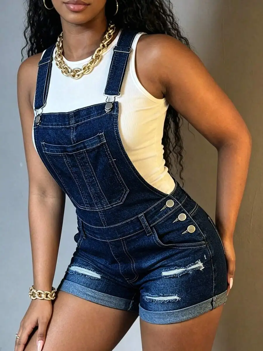Womens Distressed Denim Short Overalls With Roll-Up Hem And Button Details
Womens Distressed Denim Short Overalls With Roll-Up Hem And Button Details