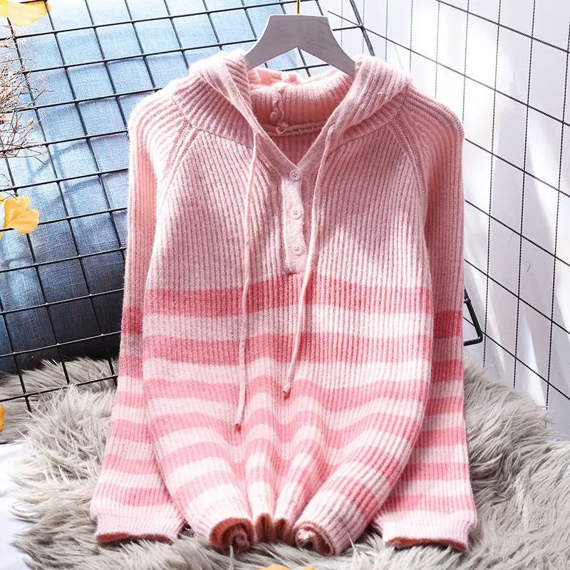 Fashion Stripe Pullover Knitted Sweater 2023 Autumn Winter New Thicken Warm Hooded Sweater Women's Loose Button Lace-up Sweater
Fashion Stripe Pullover Knitted Sweater 2023 Autumn Winter New Thicken Warm Hooded Sweater Women's Loose Button Lace-up Sweater