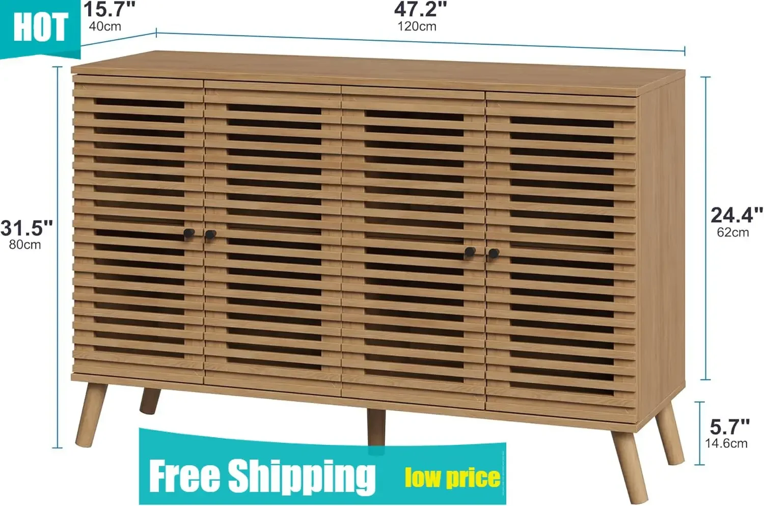 47" W Buffet Cabinet with 4 Slatted Doors, Mid-Century Buffet Sideboard with Shelves, Accent Storage Cabinets Cupboard Console f
47" W Buffet Cabinet with 4 Slatted Doors, Mid-Century Buffet Sideboard with Shelves, Accent Storage Cabinets Cupboard Console f