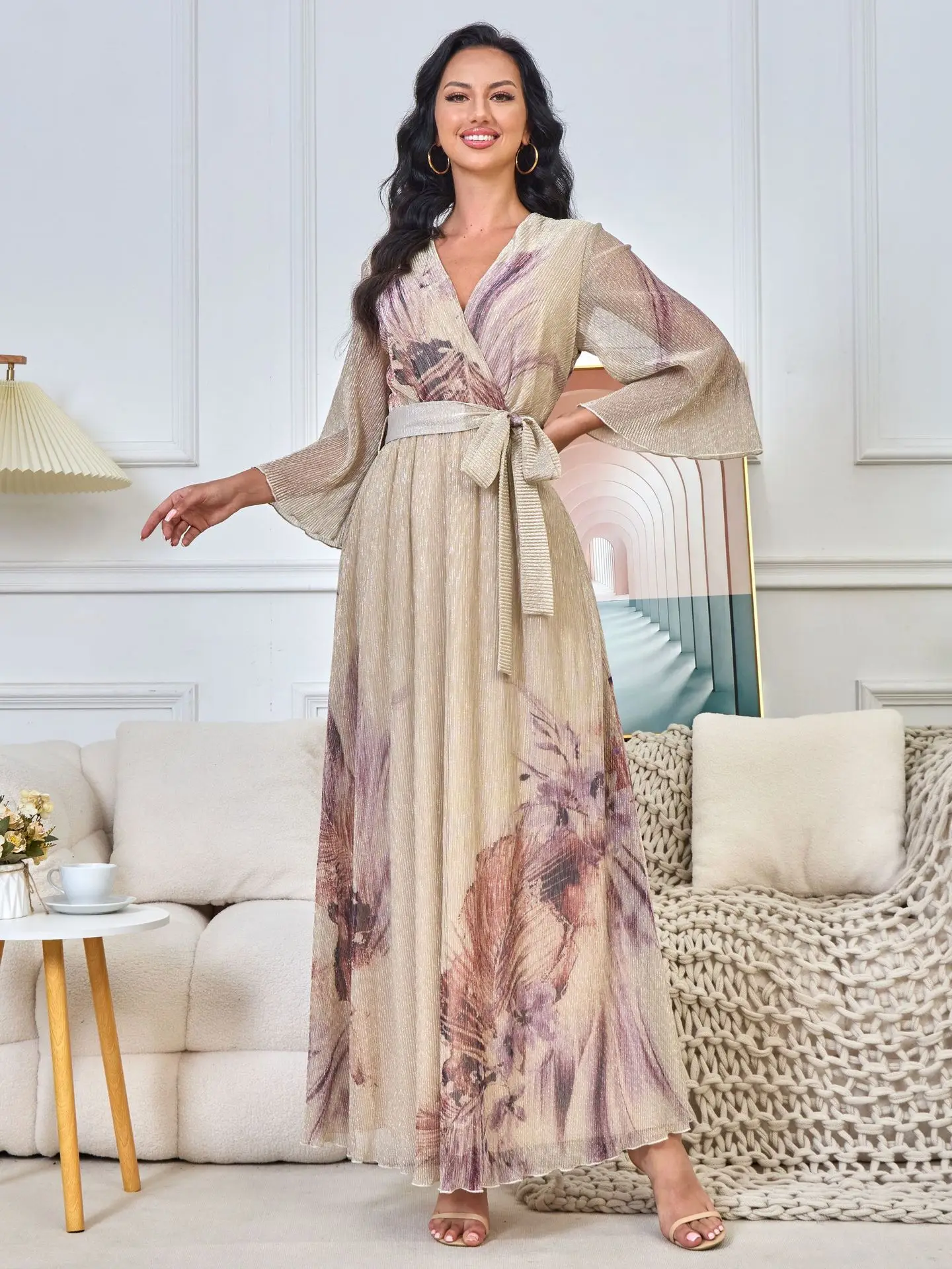 Middle East Fashion Woman Party Dress Slim Long-sleeved Evening Dress Printing Pleats Charming Robe Abaya with Belt
Middle East Fashion Woman Party Dress Slim Long-sleeved Evening Dress Printing Pleats Charming Robe Abaya with Belt