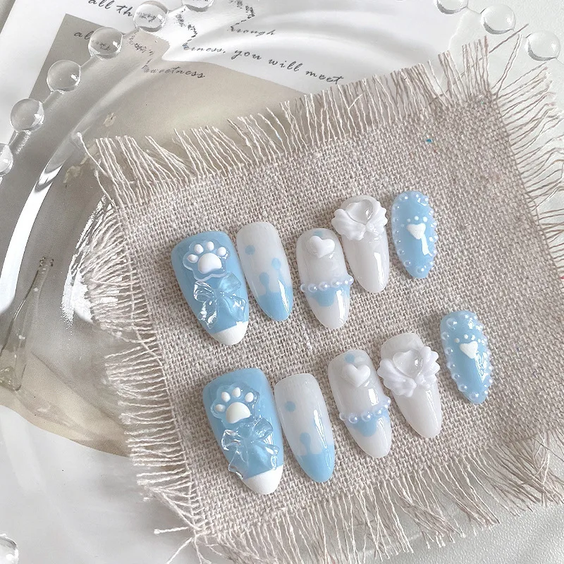 10PCS Blue White Paw Print Press on Nails Bow Heart and Pearl Wing Decor Almond Shaped Acrylic False Nails for Sweet Daily Wear
10PCS Blue White Paw Print Press on Nails Bow Heart and Pearl Wing Decor Almond Shaped Acrylic False Nails for Sweet Daily Wear