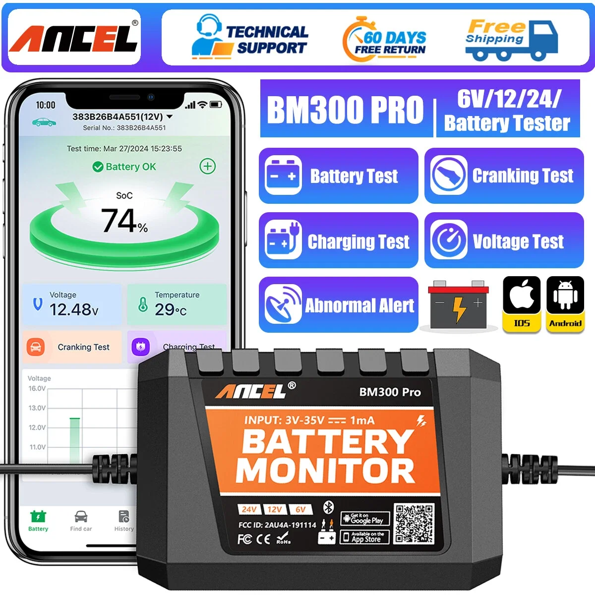 ANCEL BM300 Pro Тестер аккумулятора 6 В 12 В 24 В Монитор автомобильного аккумулятора Bluetooth для автомобиля SOH SOC Анализатор здоровья аккумулятора PK BM200 PRO
ANCEL BM300 Pro Тестер аккумулятора 6 В 12 В 24 В Монитор автомобильного аккумулятора Bluetooth для автомобиля SOH SOC Анализатор здоровья аккумулятора PK BM200 PRO