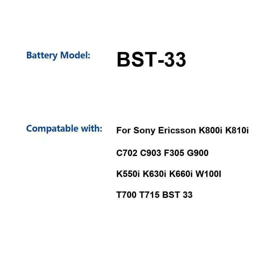 Аккумулятор мобильного телефона Bst-33 950 мАч для Sony Ericsson K800i K810i C702 C903 F305 G900 K550i K630i K660i W100I T700 T715
Аккумулятор мобильного телефона Bst-33 950 мАч для Sony Ericsson K800i K810i C702 C903 F305 G900 K550i K630i K660i W100I T700 T715