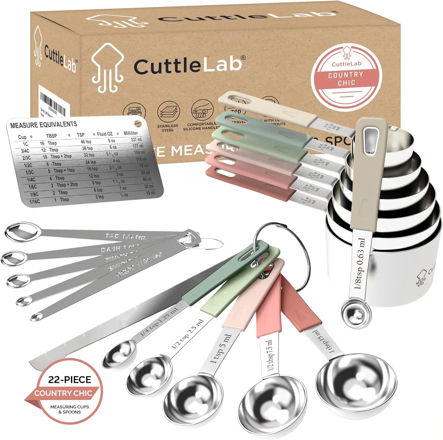22-Piece Stainless Steel Measuring Cups and Spoons Set, Mini Spoons, Leveler, Conversion Chart Magnet
22-Piece Stainless Steel Measuring Cups and Spoons Set, Mini Spoons, Leveler, Conversion Chart Magnet