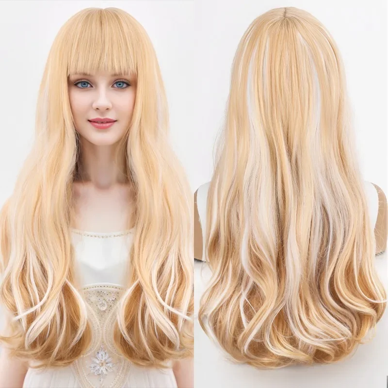 Blonde wig Qi bangs long curly hair chemical fiber women full head cover Xuchang wig
Blonde wig Qi bangs long curly hair chemical fiber women full head cover Xuchang wig