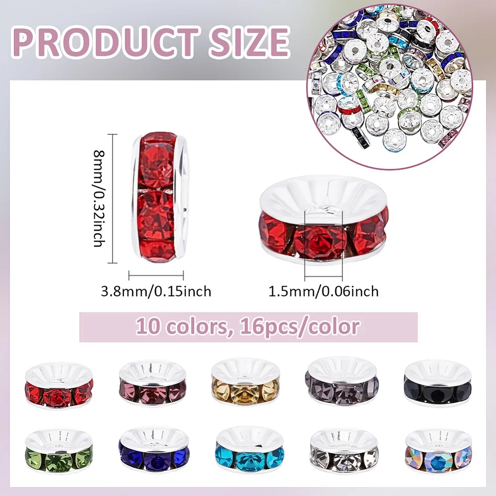 160Pcs 10 Colors Brass Rhinestone Spacer Beads Grade A Straight Flange Silver Color Plated Rondelle Mixed Color 8x3.8mm
160Pcs 10 Colors Brass Rhinestone Spacer Beads Grade A Straight Flange Silver Color Plated Rondelle Mixed Color 8x3.8mm