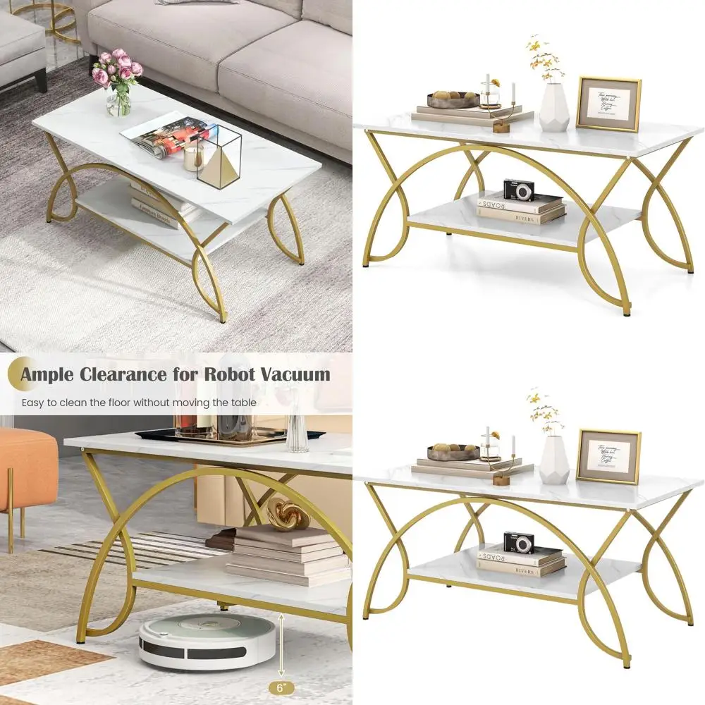 2-Tier Rectangular Coffee Table with Marble Top and Open Shelves, Gold Metal Frame, Suitable for Center or Living Room (White &
2-Tier Rectangular Coffee Table with Marble Top and Open Shelves, Gold Metal Frame, Suitable for Center or Living Room (White &