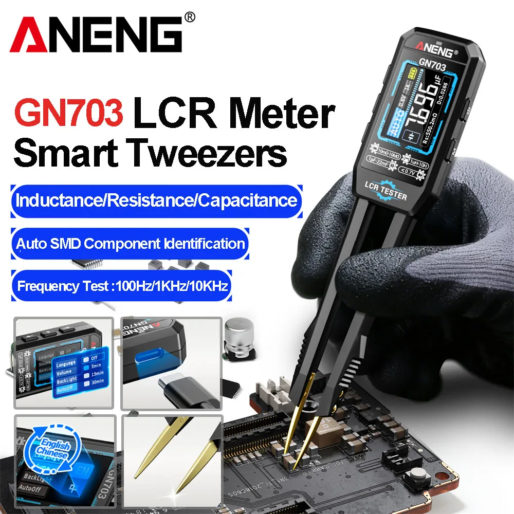 ANENG GN703 Smart Tweezers LCR Meter SMD Component Tester 100Hz/1KHz/10KHz Auto Identify Resistance Capacitance Inductance test
ANENG GN703 Smart Tweezers LCR Meter SMD Component Tester 100Hz/1KHz/10KHz Auto Identify Resistance Capacitance Inductance test