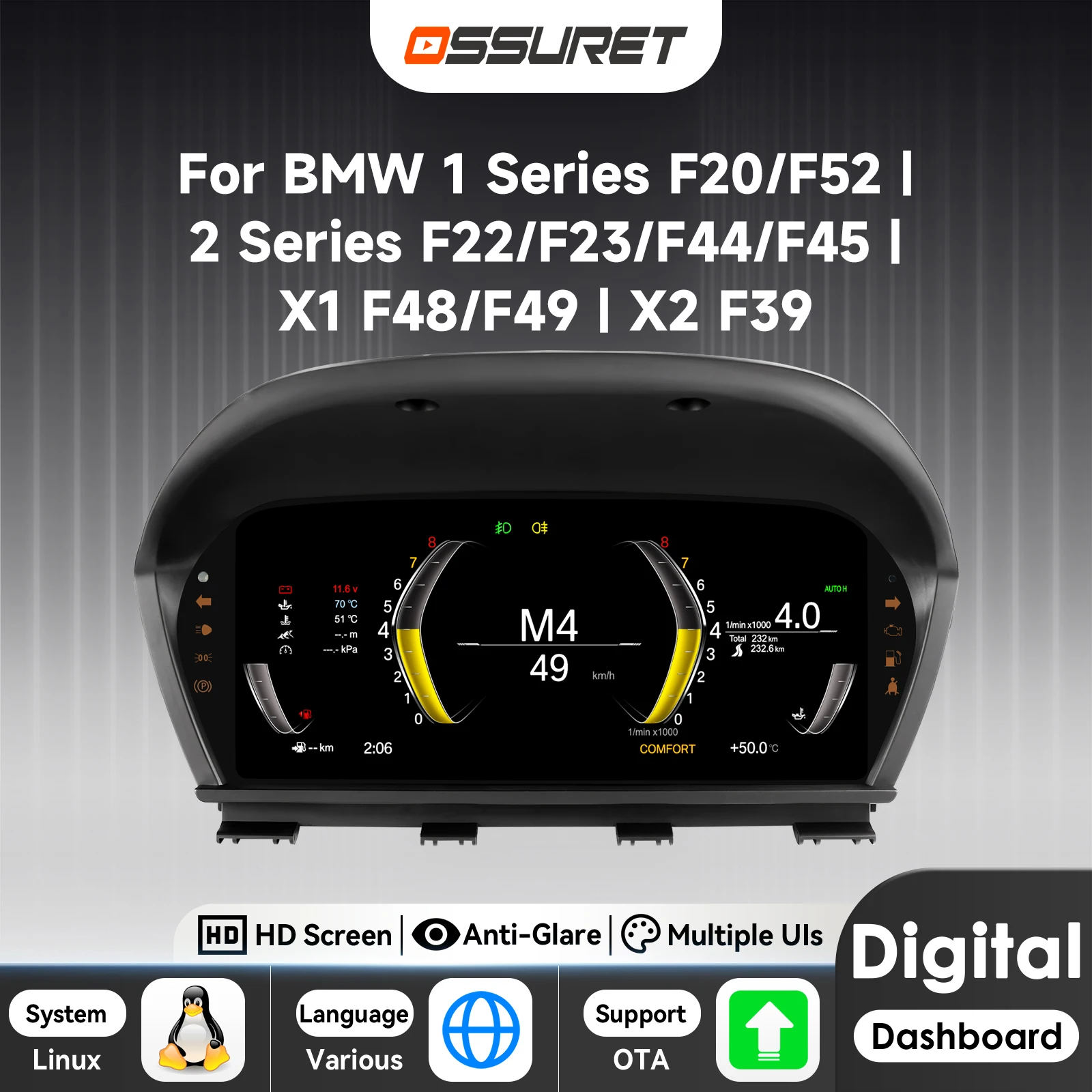 10"LCD Digital Instrument Cluster for BMW 1 2 Series F20/F52/F22/F23/F44/F45 X1 F48/F49 X2 F39 Dashboard panel Virtual Cockpit
10"LCD Digital Instrument Cluster for BMW 1 2 Series F20/F52/F22/F23/F44/F45 X1 F48/F49 X2 F39 Dashboard panel Virtual Cockpit