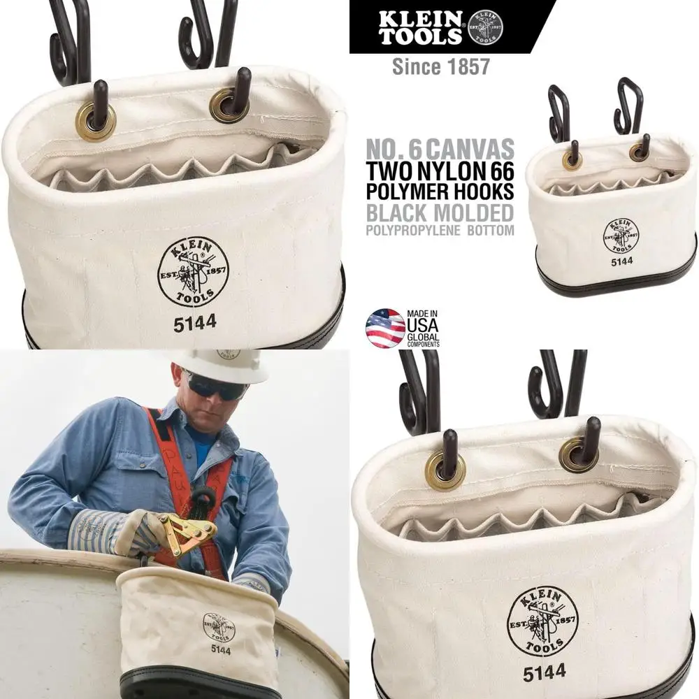 Canvas Aerial Oval Tool Bucket with 15 Pockets and Hooks, Black Polypropylene Base
Canvas Aerial Oval Tool Bucket with 15 Pockets and Hooks, Black Polypropylene Base