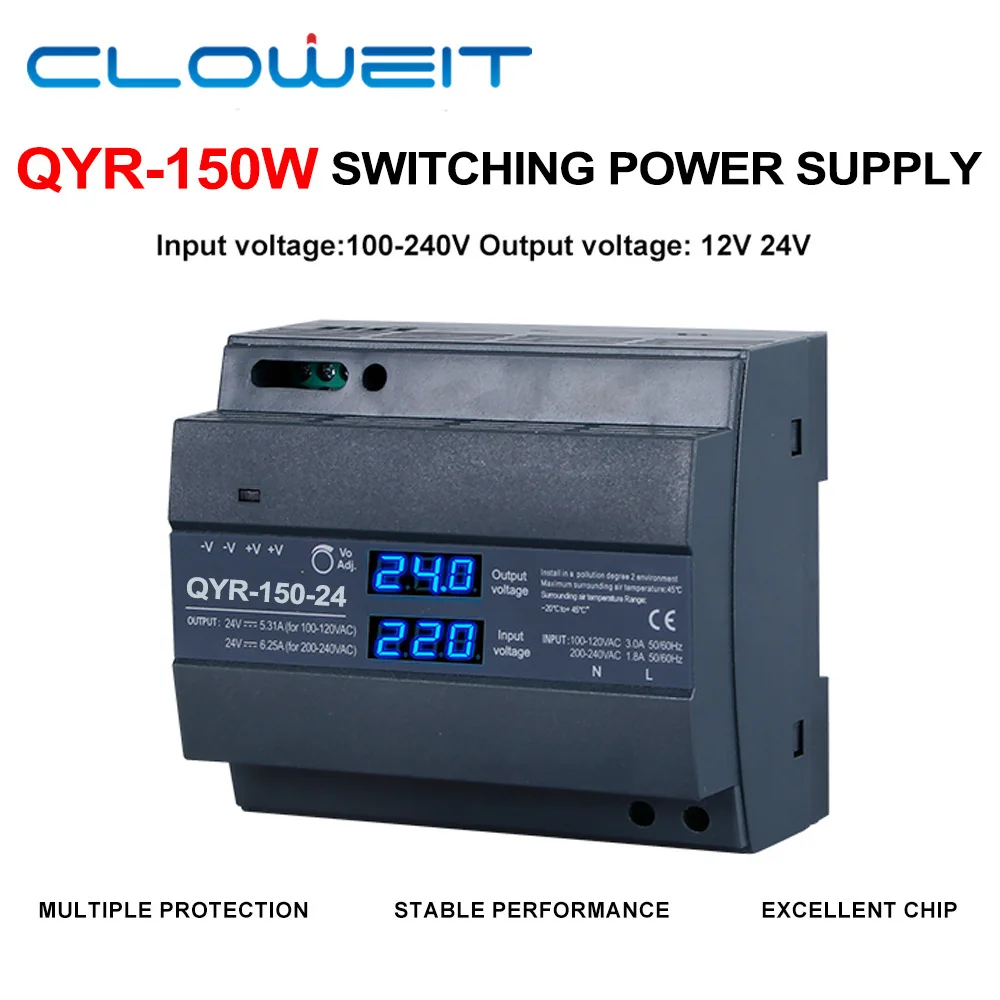 Cloweit New DIN Rail Switching Power Supply QYR-150W AC-DC 12V 24V With Digital Display Industrial for LED Light Strip
Cloweit New DIN Rail Switching Power Supply QYR-150W AC-DC 12V 24V With Digital Display Industrial for LED Light Strip
