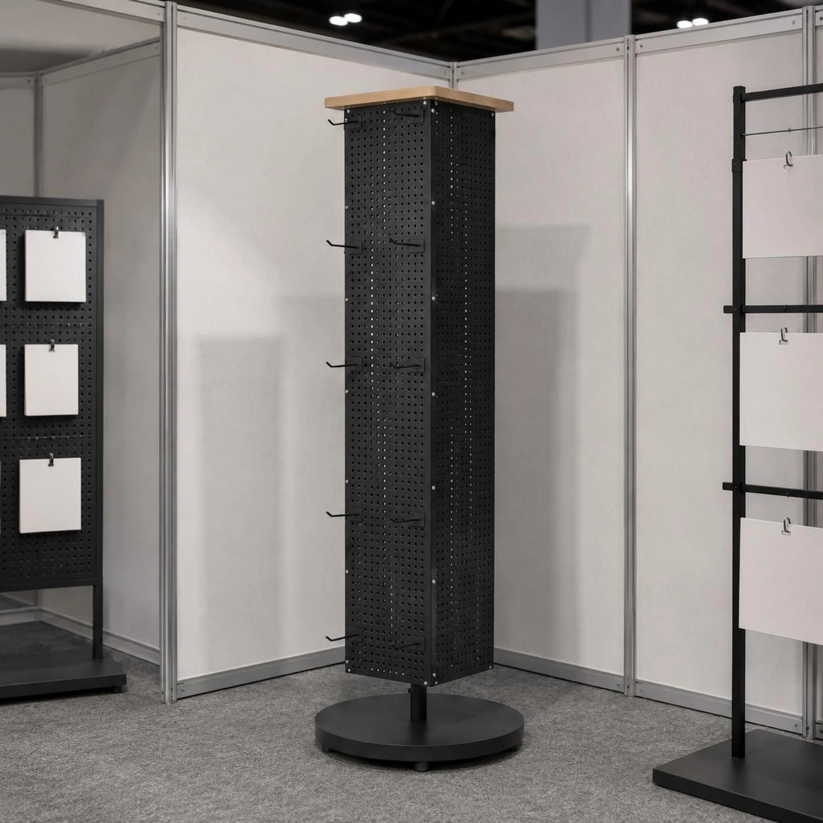 Pegboard Floor Display Tall and Narrow Rotating Display Rack Retail Fixture Perforated Panels Light Neutral Finish
Pegboard Floor Display Tall and Narrow Rotating Display Rack Retail Fixture Perforated Panels Light Neutral Finish