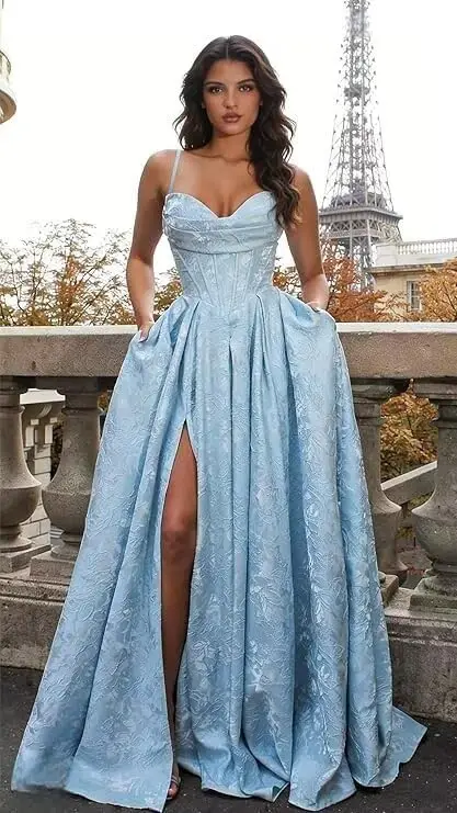 A-line Elegant Satin Prom Dresses for Women with Slit Spaghetti Straps Jacquard Pleated Open Back Evening Party Ball Gown
A-line Elegant Satin Prom Dresses for Women with Slit Spaghetti Straps Jacquard Pleated Open Back Evening Party Ball Gown
