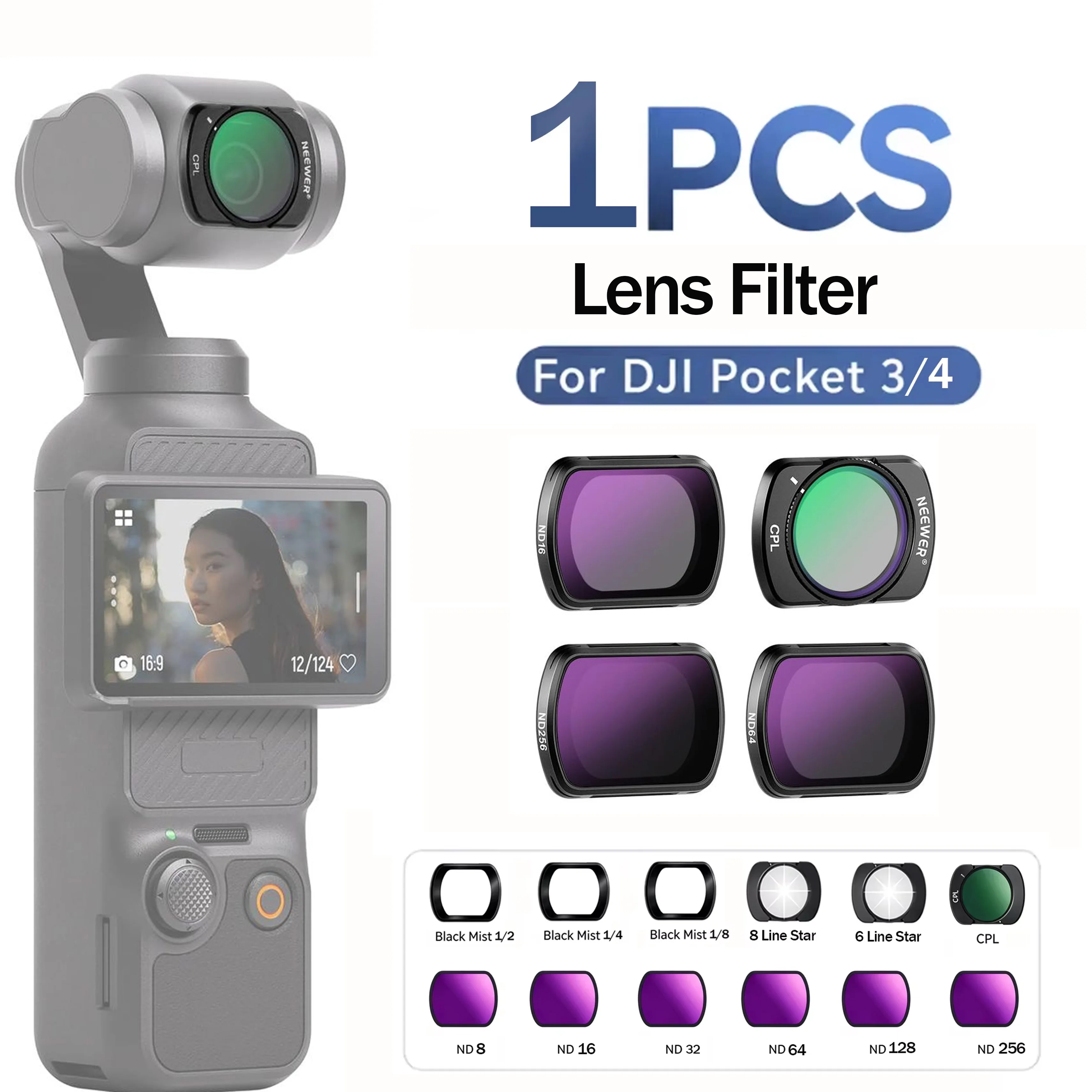 ND Filter Set for Pocket 3 / Pocket 4, Snap-on ND8-ND256 with Black Mist 1/4 , Star Lens Filter, HD Multi-Coated Optical Glass
ND Filter Set for Pocket 3 / Pocket 4, Snap-on ND8-ND256 with Black Mist 1/4 , Star Lens Filter, HD Multi-Coated Optical Glass