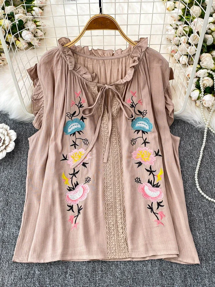 Summer Women's New Bohemian Short Sleeved Top with Wood Ear Edge V-neck Embroidered Cotton Versatile Lightweight Blouse Top D23
Summer Women's New Bohemian Short Sleeved Top with Wood Ear Edge V-neck Embroidered Cotton Versatile Lightweight Blouse Top D23